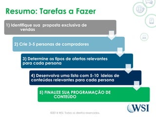 Resumo: Tarefas a Fazer
1) Identifique sua proposta exclusiva de
vendas
2) Crie 3-5 personas de compradores
3) Determine os tipos de ofertas relevantes
para cada persona
4) Desenvolva uma lista com 5-10 ideias de
conteúdos relevantes para cada persona
5) FINALIZE SUA PROGRAMAÇÃO DE
CONTEÚDO
©2014 WSI. Todos os direitos reservados.
 