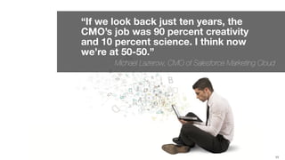11
“If we look back just ten years, the
CMO’s job was 90 percent creativity
and 10 percent science. I think now
we’re at 50-50.”
Michael Lazerow, CMO of Salesforce Marketing Cloud
 