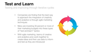 14
Test and Learn
Testing and improving through iterative cycles
• Companies are ﬁnding that the best way
to approach the integration of creativity
and analytics is through agile marketing
techniques
• Many are investing 30 percent or more of
their marketing budgets into these types
of “test and learn” tactics
• With agile marketing, teams of creative
and analytics pros work together to
create ideas and then use data to inform
and test as they are introduced
 