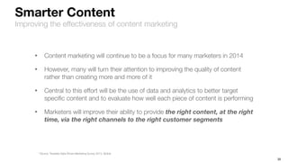 20
Smarter Content
Improving the effectiveness of content marketing
* Source: Teradata Data-Driven Marketing Survey 2013, Global
• Content marketing will continue to be a focus for many marketers in 2014
• However, many will turn their attention to improving the quality of content
rather than creating more and more of it
• Central to this effort will be the use of data and analytics to better target
speciﬁc content and to evaluate how well each piece of content is performing
• Marketers will improve their ability to provide the right content, at the right
time, via the right channels to the right customer segments
 