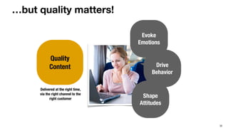 22
…but quality matters!
Quality
Content
Evoke
Emotions
Drive
Behavior
Shape
Attitudes
Delivered at the right time,
via the right channel to the
right customer
 