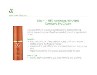 Step 4 – RE9 Advanced Anti-Aging
Corrective Eye Cream
Eyes don’t lie! An exclusive blend supports collagen to help
reduce the appearance of puffiness and diminish the look of dark
circles.
Benefits
•  Reduces the look of key signs of aging, puffiness, and dark
circles around the fragile eye area
•  Improves the look of firmness and elasticity in skin around eye
area
•  Improves radiance and overall appearance of the skin
How to use
•  Gently apply around the eye area morning and evening.
 