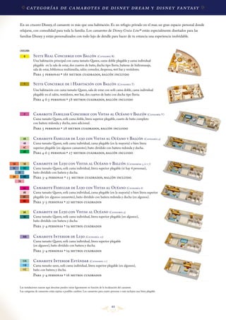 categorías de
Cómo planear tus vacaciones

camarotes de disney dream y disney fantasy

En un crucero Disney, el camarote es más que una habitación. Es un refugio privado en el mar, un gran espacio personal donde
relajarse, con comodidad para toda la familia. Los camarotes de Disney Cruise Line® están especialmente diseñados para las
familias Disney y están personalizados con todo lujo de detalle para hacer de tu estancia una experiencia inolvidable.

CATEGORÍA

R

Suite Real Concierge con Balcón (Categoría R)

Una habitación principal con cama tamaño Queen, cama doble plegable y cama individual
plegable en la sala de estar, dos cuartos de baño, ducha tipo lluvia, bañeras de hidromasaje,
sala de estar, biblioteca multimedia, salón comedor, despensa, wet bar y vestidores.

Para 5 personas • 165 metros cuadrados, balcón incluido
T

Suite Concierge de 1 Habitación con Balcón (Categoría T)

Una habitación con cama tamaño Queen, sala de estar con sofá cama doble, cama individual
plegable en el salón, vestidores, wet bar, dos cuartos de baño con ducha tipo lluvia.

Para 4 ó 5 personas • 58 metros cuadrados, balcón incluido
V

Camarote Familiar Concierge con Vistas al Océano y Balcón (Categoría V)
Cama tamaño Queen, sofá cama doble, litera superior plegable, cuarto de baño completo
con bañera redonda y ducha, aseo adicional.

Para 5 personas • 28 metros cuadrados, balcón incluido
4A
4B
4C
4D

5A

5B

5C

5D
5E

6A

6B
7A
8A
8B
8C
8D

9A
9B

Camarote Familiar de Lujo con Vistas al Océano y Balcón (Categoría 4)
Cama tamaño Queen, sofá cama individual, cama plegable (en la mayoría) o bien litera
superior plegable (en algunos camarotes), baño dividido con bañera redonda y ducha.

Para 4 ó 5 personas • 27 metros cuadrados, balcón incluido

Camarote de Lujo con Vistas al Océano y Balcón (Categorías 5, 6 y 7)
Cama tamaño Queen, sofá cama individual, litera superior plegable (si hay 4 personas),
baño dividido con bañera y ducha.

Para 3-4 personas • 23 metros cuadrados, balcón incluido

Camarote Familiar de Lujo con Vistas al Océano (Categoría 8)

Cama tamaño Queen, sofá cama individual, cama plegable (en la mayoría) o bien litera superior
plegable (en algunos camarotes), baño dividido con bañera redonda y ducha (en algunos).

Para 3-5 personas • 22 metros cuadrados

Camarote de Lujo con Vistas al Océano (Categoría 9)

Cama tamaño Queen, sofá cama individual, litera superior plegable (en algunos),
baño dividido con bañera y ducha.

Para 3-4 personas • 19 metros cuadrados
10A

Camarote Interior de Lujo (Categoría 10)

Cama tamaño Queen, sofá cama individual, litera superior plegable
(en algunos), baño dividido con bañera y ducha.

Para 3-4 personas • 19 metros cuadrados
11A
11B
11C

Camarote Interior Estándar (Categoría 11)

Cama tamaño ueen, sofá cama individual, litera superior plegable (en algunos),
baño con bañera y ducha.

Para 3-4 personas • 16 metros cuadrados

Las instalaciones exactas aquí descritas pueden variar ligeramente en función de la localización del camarote.
Las categorías de camarotes están sujetas a posibles cambios. Los camarotes para cuatro personas o más incluyen una litera plegable.

44

 