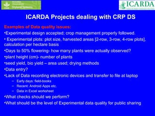 ICARDA Projects dealing with CRP DS 
Examples of Data quality issues: 
•Experimental design accepted; crop management properly followed. 
• Experimental plots: plot size, harvested areas [2-row, 3-row, 4-row plots], 
calculation per hectare basis 
•Days to 50% flowering- how many plants were actually observed? 
•plant height (cm)- number of plants 
•seed yield, bio yield – area used; drying methods 
•Data entry? 
•Lack of Data recording electronic devices and transfer to file at laptop 
– Early days: field-books 
– Recent: Android Apps etc. 
– Data in Excel worksheet 
•What checks should we perform? 
•What should be the level of Experimental data quality for public sharing 
 