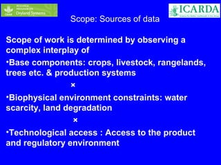 Scope: Sources of data 
Scope of work is determined by observing a 
complex interplay of 
•Base components: crops, livestock, rangelands, 
trees etc. & production systems 
× 
•Biophysical environment constraints: water 
scarcity, land degradation 
× 
•Technological access : Access to the product 
and regulatory environment 
 