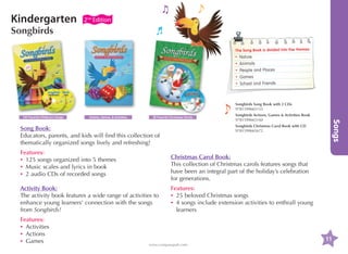 Kindergarten

2nd Edition

Songbirds

The Song Book is divided into five themes:

•	 Nature
•	 Animals
•	 People and Places
•	 Games
•	 School and Friends

Songbirds Song Book with 2 CDs	
9781599665153
125 Favorite Children’s Songs

Actions, Games,  Activities

25 Favorite Christmas Carols

Christmas Carol Book:
This collection of Christmas carols features songs that
have been an integral part of the holiday’s celebration
for generations.

Activity Book:
The activity book features a wide range of activities to
enhance young learners' connection with the songs
from Songbirds!
Features:
•	 ctivities
A
•	 ctions
A
•	 ames
G

Songs

Songbirds Christmas Carol Book with CD
9781599665672

Song Book:
Educators, parents, and kids will find this collection of
thematically organized songs lively and refreshing!
Features:
•	 25 songs organized into 5 themes
1
•	 usic scales and lyrics in book
M
•	 audio CDs of recorded songs
2

Songbirds Actions, Games  Activities Book
9781599665160

Features:
•	 5 beloved Christmas songs
2
•	 songs include extension activities to enthrall young
4
learners

11
www.compasspub.com

 