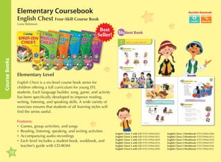 Elementary Coursebook

Available Downloads

English Chest Four-Skill Course Book
Liana Robinson

Course Books

Best
Seller!

Elementary Level
English Chest is a six-level course book series for
children offering a full curriculum for young EFL
students. Each language builder, song, game, and activity
has been specifically developed to improve reading,
writing, listening, and speaking skills. A wide variety of
exercises ensures that students of all learning styles will
find the series useful.
Features:
•	 Games, group activities, and songs
•	 eading, listening, speaking, and writing activities
R
•	 Accompanying audio recordings
•	ach level includes a student book, workbook, and
E
teacher’s guide with CD-ROM

12

Student Book

English Chest 1 with CD 9781599663845
English Chest 2 with CD 9781599663852
English Chest 3 with CD 9781599663869
English Chest 4 with CD 9781599663876
English Chest 5 with CD 9781599663883
English Chest 6 with CD 9781599663890

English Chest 1 Workbook 9781599663906
English Chest 2 Workbook 9781599663913
English Chest 3 Workbook 9781599663920
English Chest 4 Workbook 9781599663937
English Chest 5 Workbook 9781599663944
English Chest 6 Workbook 9781599663951

 