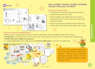 Also available: Teacher’s Guides, including
Teacher’s Resource CD-ROM

Workbook

The Teacher’s Guides include:
•	 CD-ROM full of resources and materials for teachers
A
available for each level of the series
•	eaching strategies and supplemental activity ideas to
T
accompany each unit, as well as full-color images of the
student book pages

Li

st
en
in

he
e

ts

The Teacher’s Resource CD-ROM features:
•	 MP3 audio files, including all the audio tracks from the student book, along with additional audio files for testing
•	rintable files for a placement test, 12 lesson review tests, 3 unit review tests, a final test, and 12 supplemental vocabulary tests
P
•	 Printable flashcards, wordlists, and song lyrics
•	 complete answer key for the workbook and a PowerPoint walkthrough of a unit from the student book
A

Course Books

•	tep-by-step instructions to guide teachers through each
S
section with warm-up ideas, activity organization, and tips

Po

gh
r ou
werP
oint Walkth

P ic

ture

s
rk

Cards

we
rK
ey

Placement
Test
(1/book)

s
An
ook
Workb

Lesson Review
Test
(12/book)

Unit Review
Test
(3/book)

g Chest Wo

T e st

Vocabulary
Test
(12/book)

Teacher’s Resource CD-ROM
(MP3 Audio Files Included)

Final Test
(1/book)

Wordlists
)
S on
cs
gs (Songs  Lyri

www.compasspub.com

All Teacher’s Guides come with a multi-purpose
Teacher’s Resource CD-ROM containing MP3
audio files, a selection of tests, a PowerPoint
walkthough of all units, 12 lesson reviews, a
placement test, printable flashcards, wordlists,
song lyrics, and more

13

 
