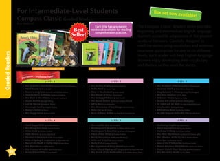 For Intermediate-Level Students

Box set now a

vailable!

Compass Classic Graded Readers
Ken Methold

Each title has a separate
workbook available for reading
comprehension practice.

Graded Readers

Best
Seller!

leveled Readers (Levels 1-6)

Workbook (Levels 1-6)

lassics to choose from!
60 c

LEVEL 1












The Emperor’s New Clothes by Hans Christian Andersen
Black Beauty by Anna Sewell
Grimm’s Fairy Tales by Jacob and Wilhelm Grimm
Favorite Asian Folk Tales by Various Authors
The Wind in the Willows by Kenneth Grahame
Doctor Dolittle by Hugh Lofting
Just So Stories by Rudyard Kipling
The Jungle Book by Rudyard Kipling
Aesop’s Fables by Aesop
The Happy Prince by Oscar Wilde

LEVEL 2











LEVEL 4









20




David Copperfield by Charles Dickens
The Thirty-Nine Steps by John Buchan
Oliver Twist by Charles Dickens
Little Women by Louisa May Alcott
Sherlock Holmes by Sir Arthur Conan Doyle
Tales of Mystery  Imagination by Edgar Allan Poe
Around the World in Eighty Days by Jules Verne
The Moonstone by Wilkie Collins
The Prisoner of Zenda by Anthony Hope
Sense  Sensibility by Jane Austen

The Compass Classic Readers series provides
beginning and intermediate English language
learners accessible adaptations of the greatest
works of literature. Carefully designed to
retell the stories using vocabulary and sentence
structures appropriate for one of six different
levels, each reader will help English-language
learners enjoy developing their vocabulary
and fluency as they read the stories.

The Arabian Nights by Various Authors
Robin Hood by Howard Pyle
Alice in Wonderland by Lewis Carroll
The Wizard of Oz by L. Frank Baum
The Railway Children by Edith Nesbit
The Secret Garden by Frances Hodgson Burnett
White Fang by Jack London
The Adventures of Tom Sawyer by Mark Twain
Peter Pan by J.M. Barrie
Anne of Green Gables by Lucy Maud Montgomery

LEVEL 3











LEVEL 5











The Invisible Man by H.G. Wells
Shakespeare’s Tragedies by William Shakespeare
Shakespeare’s Comedies by William Shakespeare
A Tale of Two Cities by Charles Dickens
Vanity Fair by William Makepeace Thackeray
Pride and Prejudice by Jane Austen
Moby Dick by Herman Melville
The Importance of Being Earnest by Oscar Wilde
More Tales of Mystery and Imagination by Edgar Allan Poe
The Hound of the Baskervilles by Sir Arthur Conan Doyle

The Merchant of Venice by William Shakespeare
Treasure Island by Robert Louis Stevenson
King Solomon’s Mines by Henry Rider Haggard
The Time Machine by H.G. Wells
Robinson Crusoe by Daniel Defoe
Romeo and Juliet by William Shakespeare
Dr. Jekyll and Mr. Hyde by Robert Louis Stevenson
Frankenstein by Mary Shelley
A Christmas Carol by Charles Dickens
20,000 Leagues Under the Sea by Jules Verne
LEVEL 6












Wuthering Heights by Emily Brontë
Great Expectations by Charles Dickens
Nicholas Nickleby by Charles Dickens
The Three Musketeers by Alexandre Dumas, père
The Phantom of the Opera by Gaston Leroux
Jane Eyre by Charlotte Brontë
Tess of the d’Urbervilles by Thomas Hardy
Classic American Short Stories by Various Authors
Classic British Short Stories by Various Authors
The War of the Worlds by H.G. Wells

 