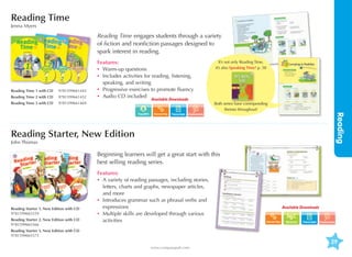 Reading Time
Jenna Myers

Reading Time engages students through a variety
of fiction and nonfiction passages designed to
spark interest in reading.

Reading Time 1 with CD	

9781599661445

Reading Time 2 with CD	

9781599661452

Reading Time 3 with CD	

Features:
•	 Warm-up questions
•	
Includes activities for reading, listening,
speaking, and writing
•	 Progressive exercises to promote fluency
•	 Audio CD included

9781599661469

Available Downloads

Both series have corresponding
themes throughout!

Reading

Transcripts

It’s not only Reading Time,
it’s also Speaking Time! p. 58

Assessments

Reading Starter, New Edition
John Thomas

Beginning learners will get a great start with this
best selling reading series.

Reading Starter 1, New Edition with CD	
9781599665559
Reading Starter 2, New Edition with CD	
9781599665566

Features:
•	 variety of reading passages, including stories,
A
letters, charts and graphs, newspaper articles,
and more
•	
Introduces grammar such as phrasal verbs and
expressions
•	 ultiple skills are developed through various
M
activities

Available Downloads

Word List

Transcripts

Assessments

Reading Starter 3, New Edition with CD	
9781599665573

29
www.compasspub.com

 