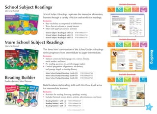 Available Downloads

School Subject Readings
David V. Kimel

Word List

Assessments

Teacher's
Guide

School Subject Readings captivates the interest of elementary
learners through a variety of fiction and nonfiction readings.
Features:
•	 Key vocabulary accompanied by definitions
•	 Texts that are relevant to young learners
•	 Multi-skill approach various activities
School Subject Readings 1 with CD	 9781599663777
School Subject Readings 2 with CD	 9781599663784
School Subject Readings 3 with CD	 9781599663791

More School Subject Readings
David V. Kimel

Available Downloads
Word List

Assessments

Teacher's
Guide

Reading

This three level continuation of the School Subject Readings
series progresses from intermediate to upper-intermediate.
Features:
•	
Subjects connected to language arts, science, history,
social studies, and more
•	 Pre-reading questions to actively engage readers
•	
Gradual progression of grammar, vocabulary,
and passage length to develop fluency

Reading Builder

More School Subject Readings 1 with CD	
More School Subject Readings 2 with CD	
More School Subject Readings 3 with CD	

9781599663746
9781599663753
9781599663760

Andrea Janzen, John Thomas

Available Downloads

Word List

Assessments

Transcripts

Build fundamental reading skills with this three level series
for intermediate learners.
Features:
•	 Activities for reading, listening, speaking, writing
•	
Includes fictional stories, letters, articles, advertisements, and more
Reading Builder 1 with CD	 9781599660127
Reading Builder 2 with CD	 9781599660134
Reading Builder 3 with CD	 9781599660141
www.compasspub.com

31

 