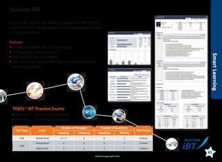 Success iBT
Success iBT allows test takers to prepare for the TOEFL®
examination by taking a variety of practice exams based
on the actual tests.
Features:

Smart Learning

•	 Interface modeled after the actual exam
•	 A huge range of practice tests
•	 Full and half tests are available
•	
Full assessment and detailed report completed by expert
professional graders

TOEFL® iBT Practice Exams
•	 Actual level	

52 Full-length practice tests

•	 Basic level	

14 Half-length practice tests

Test Type

Level

Full
Half

Number of Passages

Number of Questions

Time Period

Reading

Listening

Speaking

Writing

Actual level

4~5

6

6

2

4 hours

Actual level

2

3

3

1

2 hours

Basic level

2

3

3

1

2 hours

www.compasspub.com

83

 