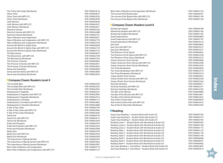The Thirty-Nine Steps Workbook	
Oliver Twist	
Oliver Twist with MP3 CD	
Oliver Twist Workbook	
Little Women	
Little Women with MP3 CD	
Little Women Workbook	
Sherlock Holmes	
Sherlock Holmes with MP3 CD	
Sherlock Holmes Workbook	
Tales of Mystery and Imagination	
Tales of Mystery and Imagination with MP3 CD	
Tales of Mystery and Imagination Workbook	
Around the World in Eighty Days	
Around the World in Eighty Days with MP3 CD	
Around the World in Eighty Days Workbook	
The Moonstone	
The Moonstone with MP3 CD	
The Moonstone Workbook	
The Prisoner of Zenda	
The Prisoner of Zenda with MP3 CD	
The Prisoner of Zenda Workbook	
Sense and Sensibility	
Sense and Sensibility with MP3 CD	
Sense and Sensibility Workbook	

9781599662619
9781599664637
9781599662626
9781599662640
9781599664644
9781599662657
9781599662671
9781599664330
9781599662688
9781599662701
9781599664651
9781599662770
9781599662794
9781599664668
9781599662718
9781599662732
9781599664675
9781599662749
9781599662763
9781599664682
9781599662831
9781599662855
9781599664699
9781599662800
9781599662824

9781599664705
9781599662923
9781599662947
9781599664347
9781599662893
9781599662916
9781599664712
9781599662862
9781599662886
9781599664729
9781599662985
9781599663005
9781599664736
9781599663012
9781599663036
9781599664743
9781599663074
9781599663098
9781599664750
9781599662954
9781599662978
9781599664767
9781599663043
9781599663067
9781599664774
9781599663135

9781599663159
9781599664781
9781599663104
9781599663128

Compass Classic Readers Level 6	
Wuthering Heights	
Wuthering Heights with MP3 CD	
Wuthering Heights Workbook	
Great Expectations	
Great Expectations with MP3 CD	
Great Expectations Workbook	
Jane Eyre	
Jane Eyre with MP3 CD	
Jane Eyre Workbook	
The Phantom of the Opera	
The Phantom of the Opera with MP3 CD	
The Phantom of the Opera Workbook	
Classic American Short Stories	
Classic American Short Stories with MP3 CD	
Classic American Short Stories Workbook	
The Three Musketeers	
The Three Musketeers with MP3 CD	
The Three Musketeers Workbook	
Classic British Short Stories	
Classic British Short Stories with MP3 CD	
Classic British Short Stories Workbook	
Nicholas Nickleby	
Nicholas Nickleby with MP3 CD	
Nicholas Nickleby Workbook	
The War of the Worlds	
The War of the Worlds with MP3 CD	
The War of the Worlds Workbook	
Tess of the d'Urbervilles	
Tess of the d'Urbervilles with MP3 CD	
Tess of the d'Urbervilles Workbook	

9781599664798
9781599663166
9781599663180
9781599664804
9781599663197
9781599663210
9781599664842
9781599663227
9781599663241
9781599664835
9781599663258
9781599663272
9781599664866
9781599663289
9781599663302
9781599664828
9781599663319
9781599663333
9781599664873
9781599663340
9781599663364
9781599664811
9781599663371
9781599663395
9781599664880
9781599663401
9781599663425
9781599664859
9781599663432
9781599663456

Index

Compass Classic Readers Level 5	
The Invisible Man	
The Invisible Man with MP3 CD	
The Invisible Man Workbook	
Shakespeare’s Tragedies	
Shakespeare’s Tragedies with MP3 CD	
Shakespeare’s Tragedies Workbook	
Shakespeare’s Comedies	
Shakespeare’s Comedies with MP3 CD	
Shakespeare’s Comedies Workbook	
A Tale of Two Cities	
A Tale of Two Cities with MP3 CD	
A Tale of Two Cities Workbook	
Vanity Fair	
Vanity Fair with MP3 CD	
Vanity Fair Workbook	
Pride and Prejudice	
Pride and Prejudice with MP3 CD	
Pride and Prejudice Workbook	
Moby Dick	
Moby Dick with MP3 CD	
Moby Dick Workbook	
The Importance of Being Earnest	
The Importance of Being Earnest with MP3 CD	
The Importance of Being Earnest Workbook	
More Tales of Mystery and Imagination	
More Tales of Mystery and Imagination with MP3 CD	

More Tales of Mystery and Imagination Workbook	
The Hound of the Baskervilles	
The Hound of the Baskervilles with MP3 CD	
The Hound of the Baskervilles Workbook	

Reading	
Super Easy Reading 1- Student Book with Audio CD	
Super Easy Reading 2 - Student Book with Audio CD	
Super Easy Reading 3 - Student Book with Audio CD	
Reading Lamp 1 - Student Book with Workbook  Audio CD	
Reading Lamp 2 - Student Book with Workbook  Audio CD	
Reading Lamp 3 - Student Book with Workbook  Audio CD	
Reading Table 1 - Student Book with Workbook  Audio CD	
Reading Table 2 - Student Book with Workbook  Audio CD	
Reading Table 3 - Student Book with Workbook  Audio CD	
Reading Shelf 1 - Student Book with Workbook  Audio CD	
Reading Shelf 2 - Student Book with Workbook  Audio CD	
Reading Shelf 3 - Student Book with Workbook  Audio CD	
Very Easy Reading 1, 2nd Edition - Student Book with Audio CD	
Very Easy Reading 2, 2nd Edition - Student Book with Audio CD	

9781599665740
9781599665757
9781599665764
9781599665092
9781599665108
9781599665115
9781599665122
9781599665139
9781599665146
9781599666068
9781599666075
9781599666082
9781599663807
9781599663814

89
www.compasspub.com

 