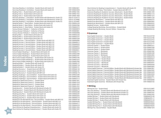Index
90

Very Easy Reading 3, 2nd Edition - Student Book with Audio CD	
Very Easy Reading 4, 2nd Edition - Student Book with Audio CD	
Reading Time 1 - Student Book with Audio CD	
Reading Time 2 - Student Book with Audio CD	
Reading Time 3 - Student Book with Audio CD	
Real Easy Reading 1, 2nd Edition- Student Book with Workbook  Audio CD	
Real Easy Reading 2, 2nd Edition- Student Book with Workbook  Audio CD	
Real Easy Reading 3, 2nd Edition- Student Book with Workbook  Audio CD	
Reading Starter 1, New Edition - Student Book with Audio CD	
Reading Starter 2, New Edition - Student Book with Audio CD	
Reading Starter 3, New Edition - Student Book with Audio CD	
Famous Korean Folktales 1 - Collection of Stories	
Famous Korean Folktales 2 - Collection of Stories	
Famous Korean Folktales 3 - Collection of Stories	
Reading Wise 1 - Student Book with Audio CD	
Reading Wise 2 - Student Book with Audio CD	
Reading Wise 3 - Student Book with Audio CD	
Reading Success 1, Second Edition - Student Book with MP3 CD	
Reading Success 2, Second Edition - Student Book with MP3 CD	
Reading Success 3, Second Edition - Student Book with MP3 CD	
Reading Success 4, Second Edition - Student Book with MP3 CD	
Reading Success 5, Second Edition - Student Book with MP3 CD	
Reading Success 6, Second Edition - Student Book with MP3 CD	
School Subject Readings 1 - Student Book with Audio CD	
School Subject Readings 2 - Student Book with Audio CD	
School Subject Readings 3 - Student Book with Audio CD	
More School Subject Readings 1 - Student Book with Audio CD	
More School Subject Readings 2 - Student Book with Audio CD 	
More School Subject Readings 3 - Student Book with Audio CD	
Reading Builder 1 - Student Book with Audio CD	
Reading Builder 2 - Student Book with Audio CD	
Reading Builder 3 - Student Book with Audio CD	
Reading Discovery 1 - Student Book with MP3 CD 	
Reading Discovery 2 - Student Book with MP3 CD 	
Reading Discovery 3 - Student Book with MP3 CD 	
Reading Challenge 1, Second Edition - Student Book with Audio CD	
Reading Challenge 2, Second Edition - Student Book with Audio CD	
Reading Challenge 3, Second Edition - Student Book with Audio CD	
Reading for Speed and Fluency 1 - Student Book 	
Reading for Speed and Fluency 2 - Student Book 	
Reading for Speed and Fluency 3 - Student Book 	
Reading for Speed and Fluency 4 - Student Book 	
Reading Jump 1 - Student Book with Workbook  Audio CD	
Reading Jump 2 - Student Book with Workbook  Audio CD	
Reading Jump 3 - Student Book with Workbook  Audio CD	
Reading Jump Plus 1 - Student Book with Audio CD	
Reading Jump Plus 2 - Student Book with Audio CD	
Reading Jump Plus 3 - Student Book with Audio CD	
Reading for the Real World Intro, Second Edition - Student Book with MP3 CD 	
Reading for the Real World 1, Second Edition - Student Book with MP3 CD 	
Reading for the Real World 2, Second Edition - Student Book with MP3 CD 	
Reading for the Real World 3, Second Edition - Student Book with MP3 CD 	
Short Articles for Reading Comprehension 1 - Student Book with Audio CD 	
Short Articles for Reading Comprehension 2 - Student Book with Audio CD 	

9781599663821
9781599663838
9781599661445
9781599661452
9781599661469
9781613524773
9781613524480
9781613524497
9781599665559
9781599665566
9781599665573
9781599660974
9781599660981
9781599660998
9781599665320
9781599665337
9781599665344
9781599666006
9781599666013
9781599666020
9781599666037
9781599666044
9781599666051
9781599663777
9781599663784
9781599663791
9781599663746
9781599663753
9781599663760
9781599660127
9781599660134
9781599660141
9781599666150
9781599666167
9781599666174
9781599665290
9781599665306
9781599665313
9781599661001
9781599661018
9781599661025
9781599661032
9781599666266
9781599666273
9781599666280
9781599666297
9781599666303
9781599666310
9781599664194
9781599664200
9781599664217
9781599664224
9781599661636
9781599661643

Short Articles for Reading Comprehension 3 - Student Book with Audio CD 	
Issues Now In the News, Third Edition - Student Book with MP3 CD 	
Extensive Reading for Academic Success: Advanced A - Student Book 	
Extensive Reading for Academic Success: Advanced B - Student Book	
Extensive Reading for Academic Success: Advanced C - Student Book	
Extensive Reading for Academic Success: Advanced D - Student Book	
Reading the World Now 1 - Student Book with MP3 CD	
Reading the World Now 2 - Student Book with MP3 CD	
Reading the World Now 3 - Student Book with MP3 CD	
Reading Formula - Student Book 	
College Reading Workshop, Second Edition - Student Book	
College Reading Workshop, Second Edition - Answer Key	

9781599661650
9781613524558
9781599661209
9781599661216
9781599661223
9781599661230
9781599662572
9781599662602
9781599662633
9781599663609
9781932222494
9788984464230

Grammar	
Easy English Grammar 1 - Student Book 	
Easy English Grammar 2 - Student Book 	
Easy English Grammar 3 - Student Book 	
Easy English Grammar 4- Student Book 	
Easy English Grammar 5 - Student Book 	
Grammar Starter 1 - Student Book	
Grammar Starter 2 - Student Book	
Grammar Starter 3 - Student Book	
Grammar Starter 1 - Workbook	
Grammar Starter 2 - Workbook	
Grammar Starter 3 - Workbook	
Grammar Success 1 - Student Book	
Grammar Success 2 - Student Book	
Grammar Success 3 - Student Book	
Grammar Success 1 - Workbook	
Grammar Success 2 - Workbook	
Grammar Success 3 - Workbook	
Active English Grammar 1, Second Edition- Student Book with Workbook  Answer Key	
Active English Grammar 2, Second Edition- Student Book with Workbook  Answer Key	
Active English Grammar 3, Second Edition- Student Book with Workbook  Answer Key	
Active English Grammar 4, Second Edition- Student Book with Workbook  Answer Key	
Active English Grammar 5, Second Edition- Student Book with Workbook  Answer Key	
Active English Grammar 6, Second Edition- Student Book with Workbook  Answer Key	
Essential English Grammar - Student Book with Answer Key	
Essential English Grammar - Workbook with Answer Key	

9781932222739
9781932222746
9781932222753
9781932222760
9781932222777
9781599665351
9781599665368
9781599665375
9781599665382
9781599665399
9781599665405
9781599665610
9781599665627
9781599665634
9781599665641
9781599665658
9781599665665
9781599662961
9781599662992
9781599663029
9781599663050
9781599663081
9781599663111
9781599666099
9781599666105

Writing	
Writing for Fun! - Student Book	
Very Easy Writing 1 - Student Book with Workbook  Audio CD	
Very Easy Writing 2 - Student Book with Workbook  Audio CD	
Very Easy Writing 3 - Student Book with Workbook  Audio CD	
Guided Writing 1 - Student Book with Workbook	
Guided Writing 2 - Student Book with Workbook 	
Guided Writing 3 - Student Book with Workbook	
Guided Writing Plus 1 - Student Book with Workbook 	
Guided Writing Plus 2 - Student Book with Workbook 	
Guided Writing Plus 3 - Student Book with Workbook	
Writing First, Second Edition - Student Book	

9781932222807
9781599662244
9781599662367
9781599662305
9788966970100
9788966970117
9788966970124
9788966976652
9788966976669
9788966976676
9781599661674

 