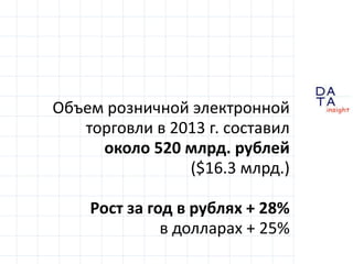 D
insight
AT
A
Объем розничной электронной
торговли в 2013 г. составил
около 520 млрд. рублей
($16.3 млрд.)
Рост за год в рублях + 28%
в долларах + 25%
 