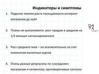 D
insight
AT
A
Индикаторы и симптомы
1. Падение темпов роста посещаемости интернет-
магазинов до нуля
2. Планы не выполняются: рост продаж в среднем на
1/5 меньше запланированного
3. Рост среднего чека – но исключительно за счет
изменения валютных курсов
4. Очень разные результаты по «соседним»
магазинам и сегментам; противоречивые сигналы
 