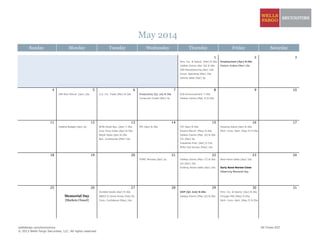 May 2014
Sunday Monday Tuesday Wednesday Thursday Friday Saturday
1 2 3
Pers. Inc. & Spend. [Mar] 8:30a Employment [Apr] 8:30a
Jobless Claims [Apr 26] 8:30a Factory Orders [Mar] 10a
ISM Manufacturing [Apr] 10a
Const. Spending [Mar] 10a
Vehicle Sales [Apr] 5p
4 5 6 7 8 9 10
ISM Non-Manuf. [Apr] 10a U.S. Int. Trade [Mar] 8:30a Productivity [Q1 1st] 8:30a ECB Announcement 7:45a
Consumer Credit [Mar] 3p Jobless Claims [May 3] 8:30a
11 12 13 14 15 16 17
Federal Budget [Apr] 2p NFIB Small Bus. [Apr] 7:30a PPI [Apr] 8:30a CPI [Apr] 8:30a Housing Starts [Apr] 8:30a
Imp. Price Index [Apr] 8:30a Empire Manuf. [May] 8:30a Mich. Cons. Sent. [May P] 9:55a
Retail Sales [Apr] 8:30a Jobless Claims [May 10] 8:30a
Bus. Inventories [Mar] 10a TIC [Mar] 9a
Industrial Prod. [Apr] 9:15a
Philly Fed Survey [May] 10a
18 19 20 21 22 23 24
FOMC Minutes [Apr] 2p Jobless Claims [May 17] 8:30a New Home Sales [Apr] 10a
LEI [Apr] 10a
Existing Home Sales [Apr] 10a Early Bond Market Close
Observing Memorial Day
25 26 27 28 29 30 31
Durable Goods [Apr] 8:30a GDP [Q1 2nd] 8:30a Pers. Inc. & Spend. [Apr] 8:30a
Memorial Day S&P/C-S Home Prices [Feb] 9a Jobless Claims [May 24] 8:30a Chicago PMI [May] 9:45a
[Markets Closed] Cons. Confidence [May] 10a Mich. Cons. Sent. [May F] 9:55a
wellsfargo.com/economics All Times EST
© 2013 Wells Fargo Securities, LLC. All rights reserved.
 