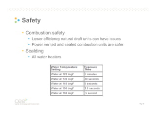 Safety
• Combustion safety
• Lower efficiency natural draft units can have issues
• Power vented and sealed combustion units are safer

• Scalding
• All water heaters

Pg. 34

 