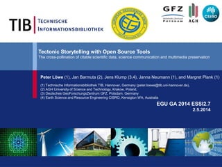 Tectonic Storytelling with Open Source Tools
The cross-pollination of citable scientific data, science communication and multimedia preservation
EGU GA 2014 ESSI2.7
2.5.2014
Peter Löwe (1), Jan Barmuta (2), Jens Klump (3,4), Janna Neumann (1), and Margret Plank (1)
(1) Technische Informationsbibliothek TIB, Hannover, Germany (peter.loewe@tib.uni-hannover.de),
(2) AGH University of Science and Technology, Krakow, Poland,
(3) Deutsches GeoForschungsZentrum GFZ, Potsdam, Germany
(4) Earth Science and Resource Engineering CISRO, Kensigton WA, Australia
 