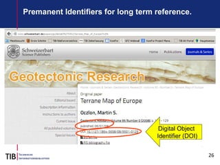26
Premanent Identifiers for long term reference.
Digital Object
Identifier (DOI)
 