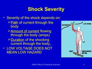 OSHA Office of Training & Education 4
Shock Severity
• Severity of the shock depends on:
Path of current through the
body
Amount of current flowing
through the body (amps)
Duration of the shocking
current through the body,
• LOW VOLTAGE DOES NOT
MEAN LOW HAZARD
 