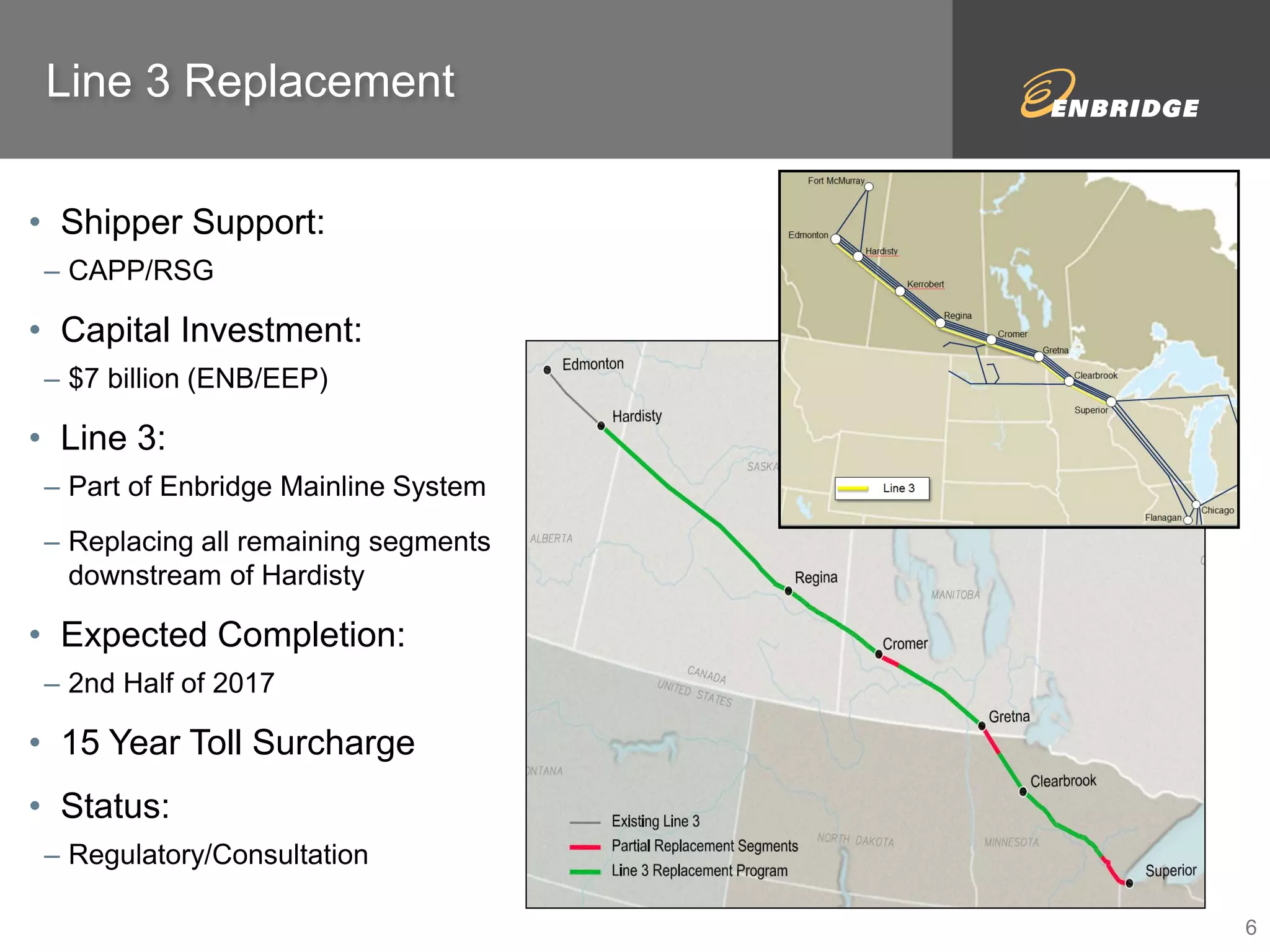 • Shipper Support: 
– CAPP/RSG 
• Capital Investment: 
– $7 billion (ENB/EEP) 
• Line 3: 
– Part of Enbridge Mainline System 
– Replacing all remaining segments 
downstream of Hardisty 
• Expected Completion: 
– 2nd Half of 2017 
• 15 Year Toll Surcharge 
• Status: 
– Regulatory/Consultation 
Line 3 Replacement 
6 
 