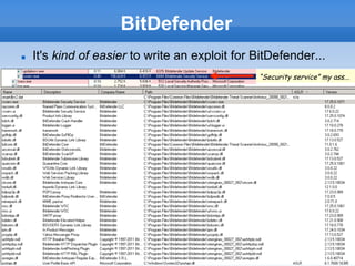 BitDefender
n  It's kind of easier to write an exploit for BitDefender...
“Security service” my ass...
 