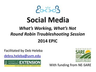 Social Media
What’s Working, What’s Not
Round Robin Troubleshooting Session
2014 EPIC
Facilitated by Deb Heleba
debra.heleba@uvm.edu
With funding from NE-SARE
 