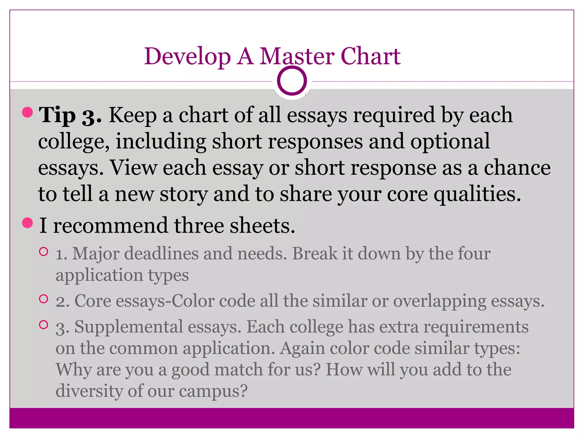 Develop A Master Chart
Tip 3. Keep a chart of all essays required by each
college, including short responses and optional
essays. View each essay or short response as a chance
to tell a new story and to share your core qualities.
I recommend three sheets.
 1. Major deadlines and needs. Break it down by the four
application types
 2. Core essays-Color code all the similar or overlapping essays.
 3. Supplemental essays. Each college has extra requirements
on the common application. Again color code similar types:
Why are you a good match for us? How will you add to the
diversity of our campus?
 