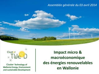 Cluster Technology of
Wallonia Energy, Environment
and sustainable Development
Impact micro &
macroéconomique
des énergies renouvelables
en Wallonie
Assemblée générale du 03 avril 2014
 