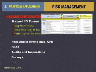 !
2. PRACTICAL APPLICATIONS RISK MANAGEMENT
!
Peer Audits (flying club, CFI)
FRAT
Audits and Inspections
Surveys
…..
IHST ...