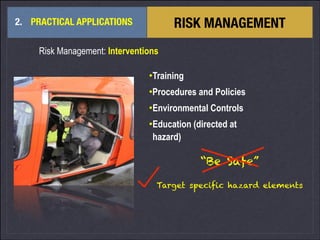 !
2. PRACTICAL APPLICATIONS RISK MANAGEMENT
Risk Management: Interventions
!
•Training
•Procedures and Policies
•Environme...