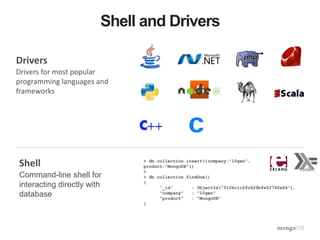 Shell and Drivers 
Drivers 
Drivers for most popular 
programming languages and 
frameworks 
Shell 
Command-line shell for 
interacting directly with 
database 
> db.collection.insert({company:“10gen”, 
product:“MongoDB”}) 
> 
> db.collection.findOne() 
{ 
“_id” : ObjectId(“5106c1c2fc629bfe52792e86”), 
“company” : “10gen” 
“product” : “MongoDB” 
} 
Haskell 
 