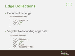 Edge Collections 
• Document per edge 
> db.followers.findOne() 
{ 
"_id" : ObjectId(…), 
"from" : "djw", 
"to" : "jsr" 
} 
• Very flexible for adding edge data 
> db.friends.findOne() 
{ 
"_id" : ObjectId(…), 
"from" : "djw", 
"to" : "jsr", 
"grp" : "work", 
"ts" : Date("2013-07-10") 
} 
 