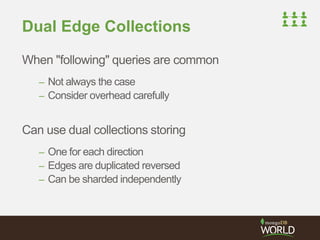 Dual Edge Collections 
When "following" queries are common 
– Not always the case 
– Consider overhead carefully 
Can use dual collections storing 
– One for each direction 
– Edges are duplicated reversed 
– Can be sharded independently 
 