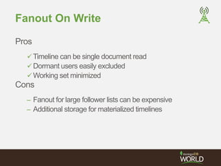 Fanout On Write 
Pros 
Timeline can be single document read 
Dormant users easily excluded 
Working set minimized 
Cons 
– Fanout for large follower lists can be expensive 
– Additional storage for materialized timelines 
 