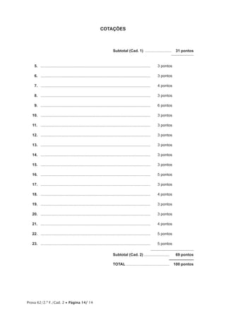 Prova 62/2.ª F./Cad. 2 • Página 14/ 14
COTAÇÕES
	 Subtotal (Cad. 1) ..........................  31 pontos
15.	 .........................................................................................................	 3 pontos
16.	 .........................................................................................................	 3 pontos
17.	 .........................................................................................................	 4 pontos
18.	 .........................................................................................................	 3 pontos
19.	 .........................................................................................................	 6 pontos
10.	 .........................................................................................................	 3 pontos
11.	 .........................................................................................................	 3 pontos
12.	 .........................................................................................................	 3 pontos
13.	 .........................................................................................................	 3 pontos
14.	 .........................................................................................................	 3 pontos
15.	 .........................................................................................................	 3 pontos
16.	 .........................................................................................................	 5 pontos
17.	 .........................................................................................................	 3 pontos
18.	 .........................................................................................................	 4 pontos
19.	 .........................................................................................................	 3 pontos
20.	 .........................................................................................................	 3 pontos
21.	 .........................................................................................................	 4 pontos
22.	 .........................................................................................................	 5 pontos
23.	 .........................................................................................................	 5 pontos
	Subtotal (Cad. 2).........................  69 pontos
	TOTAL..........................................  100 pontos
 
