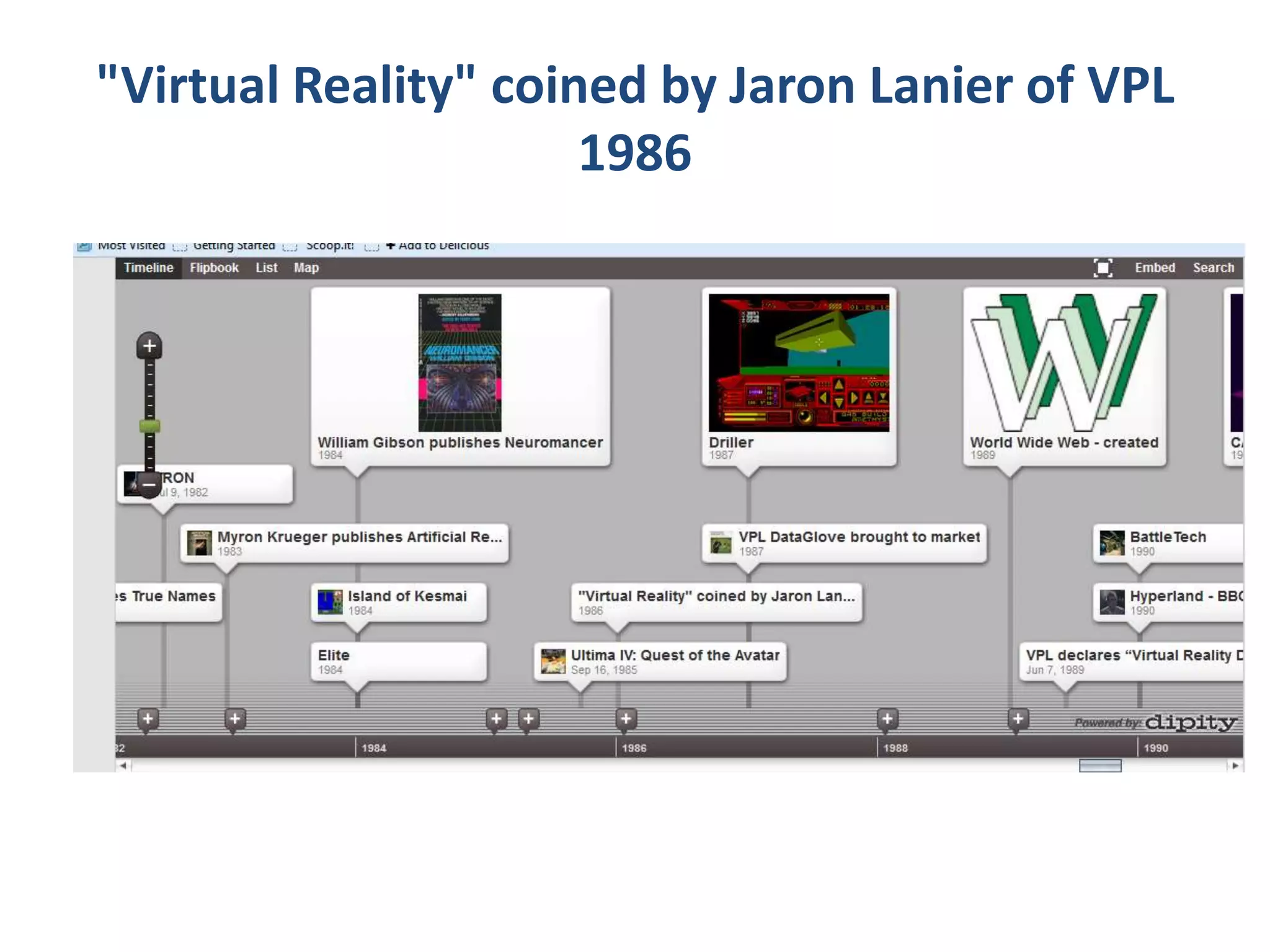 "Virtual Reality" coined by Jaron Lanier of VPL
1986

 