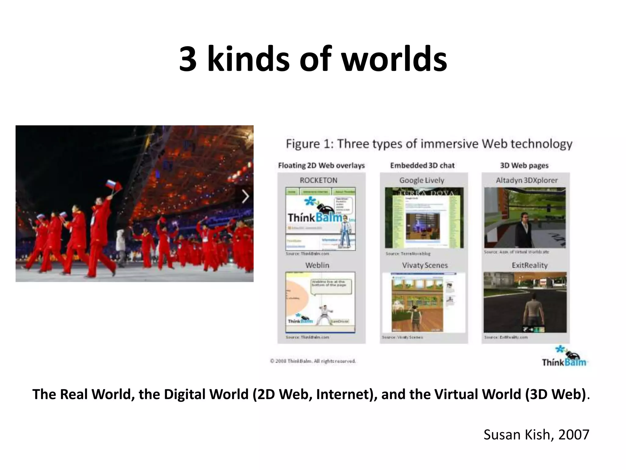 3 kinds of worlds

The Real World, the Digital World (2D Web, Internet), and the Virtual World (3D Web).
Susan Kish, 2007

 