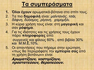 Τα συμπεράσματα 
1. Όλοι έχουν αρωματικά-βότανα στο σπίτι τους. 
2. Τα πιο δημοφιλή είναι: μαϊντανός, τσάι, 
δάφνη, δυόσμος, ρίγανη, χαμομήλι. 
3. Η κύρια χρήση τους είναι: στη μαγειρική και 
σαν ρόφημα. 
4. Για τις ιδιότητες και τις χρήσεις τους έχουν 
πάρει πληροφορίες από: 
συγγενείς και φίλους 60% , από βιβλία 30% 
και Μ.Μ.Ε,10%. 
5. Οι απαντήσεις που πήραμε στην ερώτηση, 
«πως θα περιγράφατε την εμπειρία σας από 
τη χρήση βοτάνων» είναι: 
Αρωματίζουν, νοστιμίζουν, 
προστατεύουν, θεραπεύουν. 
 
