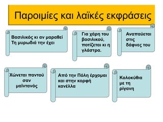 Παροιμίες και λαϊκές εκφράσεις 
Βασιλικός κι αν μαραθεί 
Τη μυρωδιά την έχει 
Για χάρη του 
βασιλικού, 
ποτίζεται κι η 
γλάστρα. 
Αναπαύεται 
στις 
δάφνες του 
Χώνεται παντού 
σαν 
μαϊντανός 
Από την Πόλη έρχομαι 
και στην κορφή 
κανέλλα 
Κολοκύθια 
με τη 
ρίγανη 
 