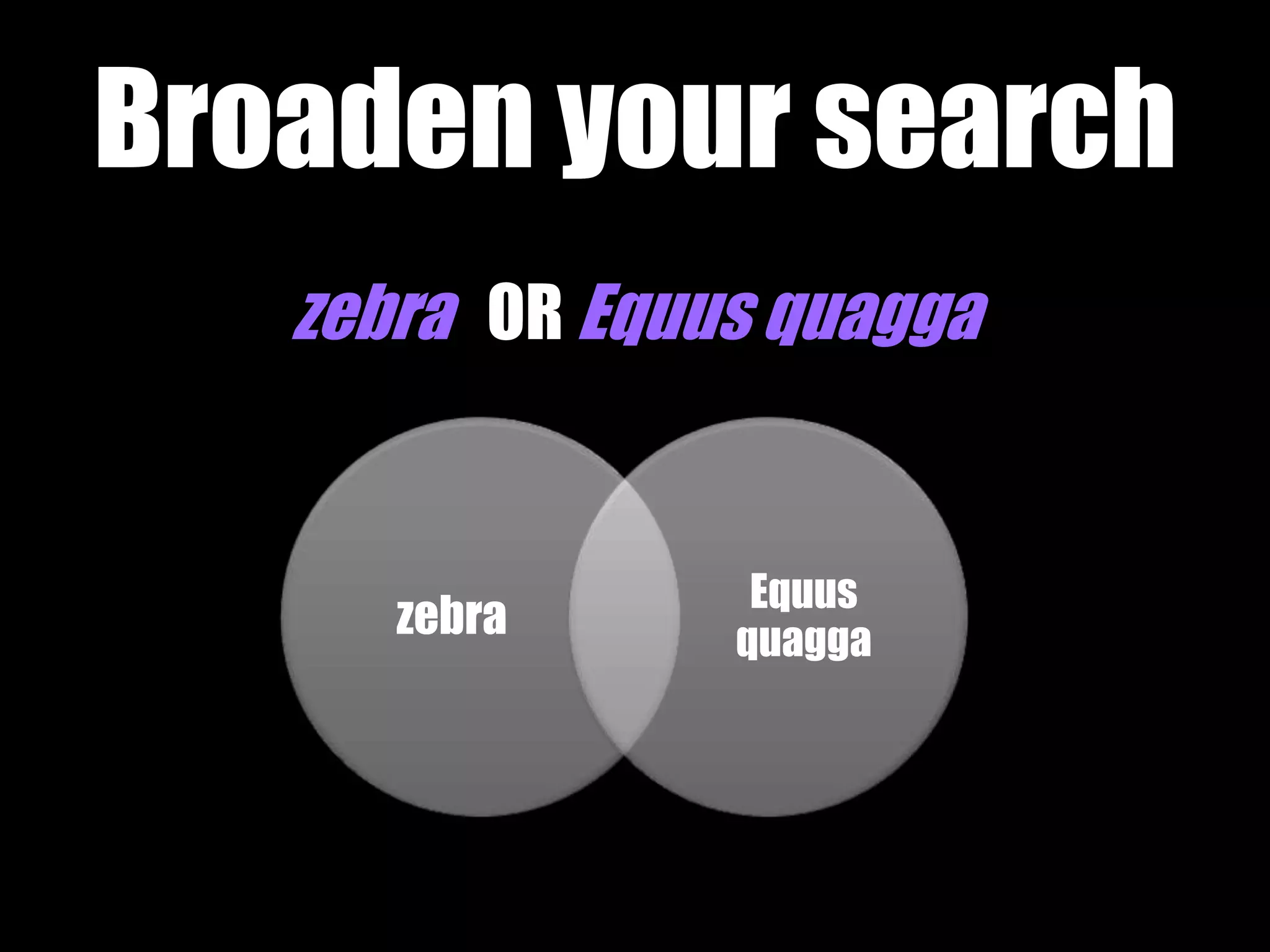 Broaden your search 
zebra OR Equus quagga 
zebra 
Equus 
quagga 
 