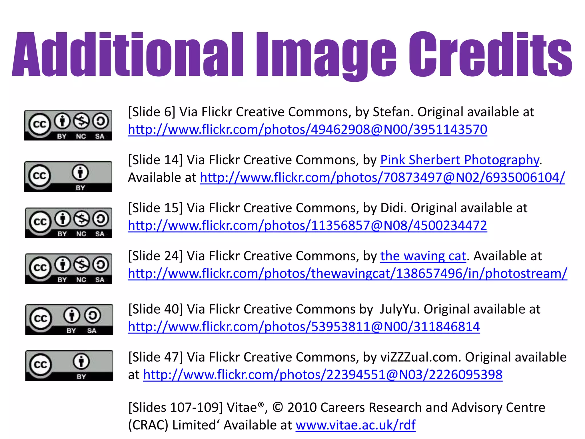 Additional Image Credits 
[Slide 6] Via Flickr Creative Commons, by Stefan. Original available at 
http://www.flickr.com/photos/49462908@N00/3951143570 
[Slide 14] Via Flickr Creative Commons, by Pink Sherbert Photography. 
Available at http://www.flickr.com/photos/70873497@N02/6935006104/ 
[Slide 15] Via Flickr Creative Commons, by Didi. Original available at 
http://www.flickr.com/photos/11356857@N08/4500234472 
[Slide 24] Via Flickr Creative Commons, by the waving cat. Available at 
http://www.flickr.com/photos/thewavingcat/138657496/in/photostream/ 
7[S3li9de 40] Via Flickr Creative Commons by JulyYu. Original available at 
http://www.flickr.com/photos/53953811@N00/311846814 
[Slide 47] Via Flickr Creative Commons, by viZZZual.com. Original available 
at http://www.flickr.com/photos/22394551@N03/2226095398 
[Slides 107-109] Vitae®, © 2010 Careers Research and Advisory Centre 
(CRAC) Limited‘ Available at www.vitae.ac.uk/rdf 
 