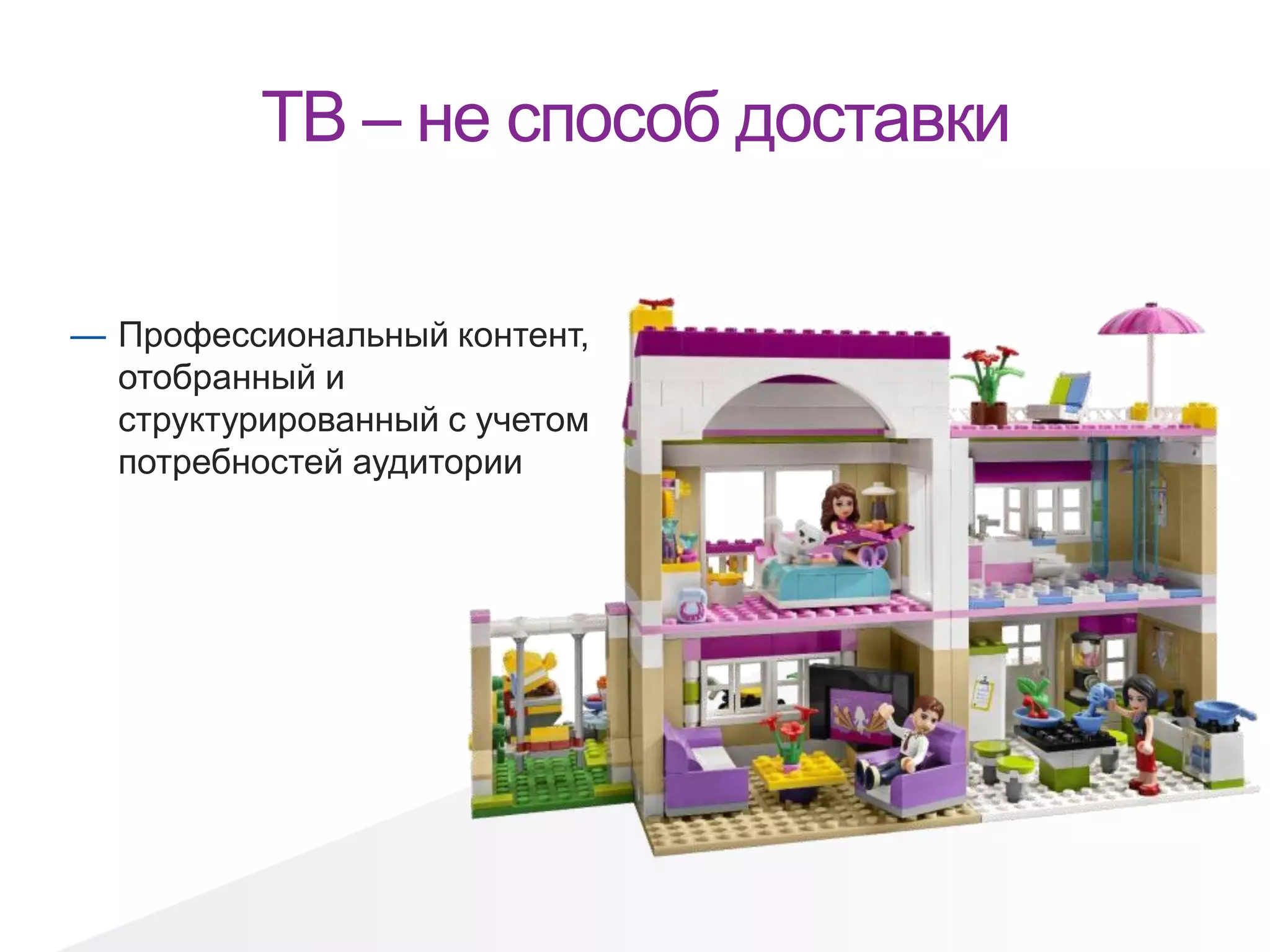 ТВ – не способ доставки
— Профессиональный контент,
отобранный и
структурированный с учетом
потребностей аудитории
 