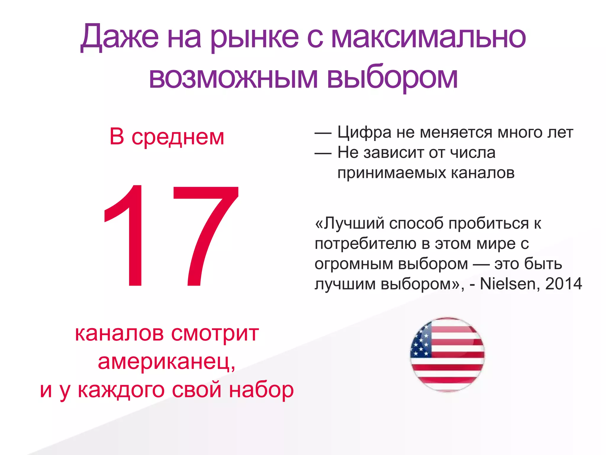 Даже на рынке с максимально
возможным выбором
В среднем
17каналов смотрит
американец,
и у каждого свой набор
— Цифра не меняется много лет
— Не зависит от числа
принимаемых каналов
«Лучший способ пробиться к
потребителю в этом мире с
огромным выбором — это быть
лучшим выбором», - Nielsen, 2014
 