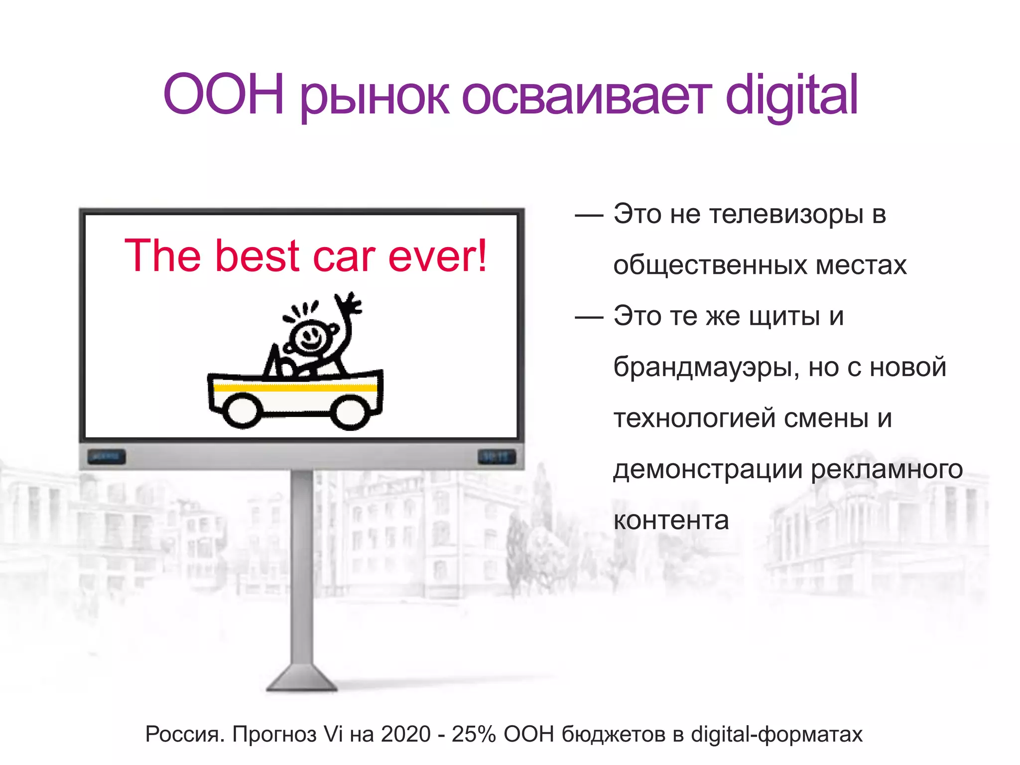 OOH рынок осваивает digital
— Это не телевизоры в
общественных местах
— Это те же щиты и
брандмауэры, но с новой
технологией смены и
демонстрации рекламного
контента
Россия. Прогноз Vi на 2020 - 25% ООН бюджетов в digital-форматах
The best car ever!
 