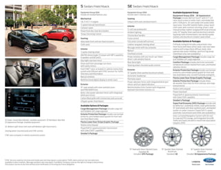 S Sedan/Hatchback

SE Sedan/Hatchback

Equipment Group 100A
Includes all standard features, plus:

Equipment Group 200A
Includes select S features, plus:

Mechanical
1.6L Ti-VCT I-4 engine
5-speed manual transmission
Compact spare
Power front disc/rear drum brakes
Torque Vectoring Control

Seating
Unique cloth seats and door inserts

Seating
Adjustable front and rear head restraints
Cloth seats
Interior
3-spoke steering wheel
AM/FM stereo/single-CD player with MP3 capability,
6 speakers and 80 watts
Day/night rearview mirror
Driver and front-passenger sun visors
with vanity mirrors
Ford SYNC® voice-activated, in-vehicle connectivity
system and USB port with SYNC Services1 for Traffic,
Directions and Information
Manual windows
Multifunctional digital display in center stack
Exterior
15 steel wheels with silver-painted covers
and P185/60R15 tires
Body-color power sideview mirrors with integrated
blind spot mirrors
Carbon Black grille with chrome bars and surround
Liftgate spoiler (hatchback)

SE Sedan. Tuxedo Black Metallic. Available equipment. SE Hatchback. Race Red.
SE Appearance Package. Available equipment.
SE. Medium Light Stone cloth seats with Medium Light Stone inserts.
Steering wheel-mounted audio and SYNC controls.
SYNC voice-activated, in-vehicle connectivity system.

Interior
12-volt rear powerpoint
Ambient lighting
Chrome door handles
Cruise control
Full center console with armrest
Leather-wrapped steering wheel
Message center with trip computer
MyKey ®
Overhead console
Power windows with one-touch-up/-down
driver’s side window feature
Rear dome light
Steering wheel-mounted audio controls
Exterior
15 Sparkle Silver-painted aluminum wheels
Automatic headlamps
Perimeter alarm
Power sideview mirrors with integrated blind spot
mirrors and turn signal indicators
Remote Keyless Entry System with integrated
keyhead transmitter remotes (2)

Available Options  Packages
Cargo Management Package includes cargo net
and foldable soft cargo organizer
Exterior Protection Package includes rear bumper
protector, and molded splash guards for front and
rear (hatchback only)
Fiesta Lower Door Stripe Graphic Package
Keyless entry keypad
PowerShift 6-speed automatic transmission
with SelectShift® capability
Smoker’s Package

15 Steel with Silver-Painted Covers
Standard: S
Included: SFE Package
1


SYNC Services varies by trim level and model year and may require a subscription. Traffic alerts and turn-by-turn directions
available in select markets. Message and data rates may apply. Ford Motor Company reserves the right to change or discontinue
this product service at any time without prior notification or incurring any future obligation.

Available Equipment Group
Equipment Group 201A – SE Appearance
Package includes MyFord Touch® with 6.5 LCD
color touch screen in center stack, and media hub
with 2 USB ports, SD card reader and audio/video
input jacks; SiriusXM Satellite Radio; unique Sport
cloth seats with contrast stitching; driver’s seat
manual lumbar; leather-wrapped shift knob (manual
only); 16 Sparkle Silver-painted aluminum wheels;
fog lamps with chrome bezels; rear decklid spoiler
(sedan); and aluminum compact spare wheel
Available Options  Packages
Full body styling kit includes unique body-color
front fascia with black airfoil, body-color rear lower
valance with unique black diffuser, body-colorpainted side rocker moldings, and front fog lamps
(hatchback only; late availability)
Cargo Management Package includes cargo net
and foldable soft cargo organizer
Comfort Package includes electronic automatic
temperature control, heated front seats, and heated
sideview mirrors
Exterior Protection Package includes rear bumper
protector, and molded splash guards for front and
rear (hatchback only; n/a with full body styling kit)
Fiesta Lower Door Stripe Graphic Package
Interior Protection Package includes black
all-weather floor mats for front and rear, and cargo
area protector
Keyless entry keypad
Power moonroof
PowerShift 6-speed automatic transmission
with SelectShift capability
Smoker’s Package
Super Fuel Economy (SFE) Package includes side
air deflectors, underbody shields, lower grille blocker,
15 steel wheels with silver-painted covers, and decklid
spoiler on sedan (requires PowerShift 6-speed
automatic transmission and 200A; late availability)
Voice-activated Navigation System with SD card
for map and POI storage, and integrated SiriusXM
Traffic and Travel Link with 6-month trial subscription
(requires 201A)

15 Sparkle Silver-Painted
Aluminum
Standard: SE

16 Sparkle Silver-Painted
Aluminum
Included: SE Appearance Package
14fiesta

ford.com

 