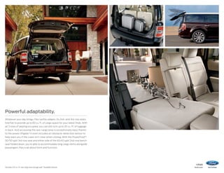 Powerful adaptability.
Whatever your day brings, Flex swiftly adapts. Its 2nd- and 3rd-row seats
fold flat to provide up to 83 cu. ft. of cargo space for your latest finds. With
all 3 rows of seating occupied, you can still tuck up to 20 cu. ft.1 of luggage
in back. And accessing the rear cargo area is exceptionally easy thanks
to the power liftgate.2 It even includes an obstacle-detection sensor to
help warn you if the coast isn’t clear when closing. With the PowerFold ®2
50/50 split 3rd-row seat and either side of the 60/40 split 2nd-row bench
seat folded down, you’re able to accommodate long cargo items alongside
passengers. Flex is all about form and function.

1

Includes 5.0-cu.-ft. rear cargo area storage well. 2Available feature.

14flex

ford.com

 