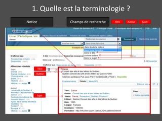 1. Quelle est la terminologie ? 
Notice 
Titre 
Auteur 
Sujet 
Champs de recherche Titre Auteur Sujet 
 