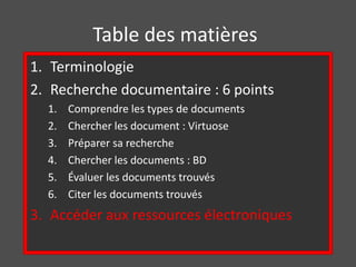 Table des matières 
1. Terminologie 
2. Recherche documentaire : 6 points 
1. Comprendre les types de documents 
2. Chercher les document : Virtuose 
3. Préparer sa recherche 
4. Chercher les documents : BD 
5. Évaluer les documents trouvés 
6. Citer les documents trouvés 
3. Accéder aux ressources électroniques 
 